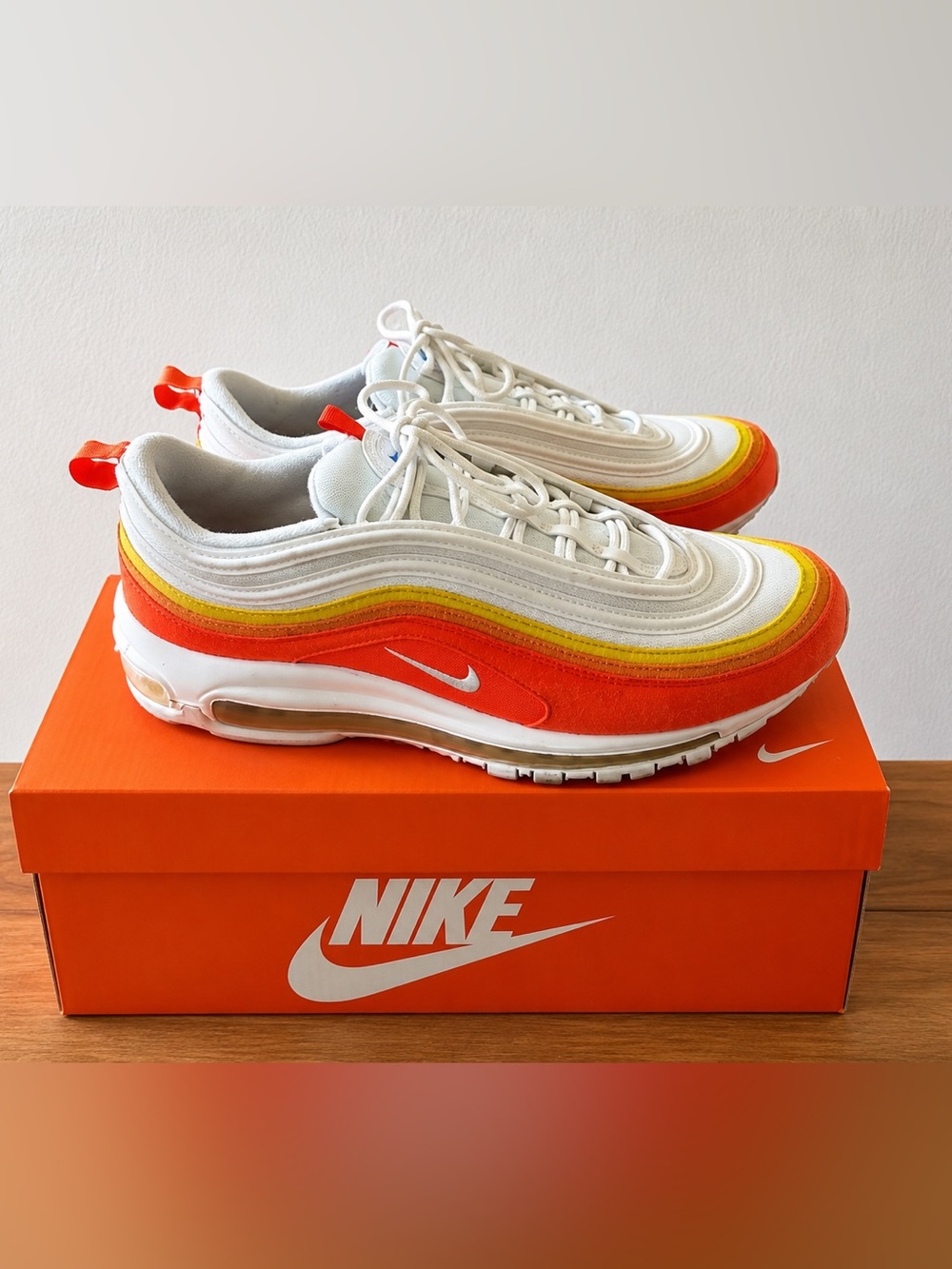 Nike Air Max 97 White with Orange, Yellow & Red Accents